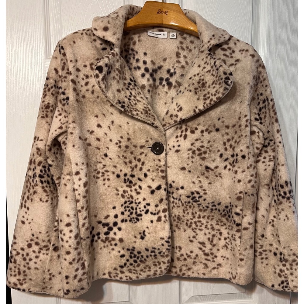 Susan Graver Womens 1X Fleece Animal Print Single Button Blazer Jacket Brown